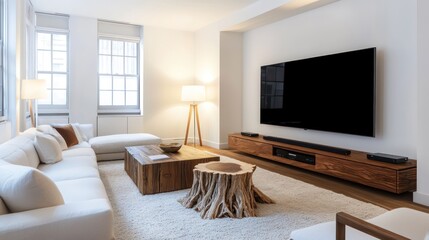 A sleek living room with white walls, a large TV, wooden coffee table, and a unique tree stump end table under soft lamps