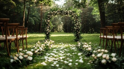Obraz premium A lush wedding arch surrounded by greenery and lined with white flowers set in a serene forest environment forms the perfect backdrop for an intimate outdoor ceremony.