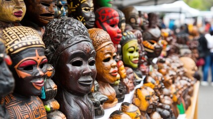 A variety of handcrafted wooden masks line the stalls of a bustling craft market, showcasing intricate designs and vibrant colors that attract visitors and art enthusiasts