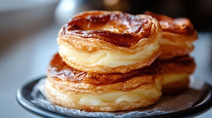 Delightful, golden-brown pastries filled with creamy custard, neatly stacked on a serving tray, highlighting their irresistible texture and appeal.