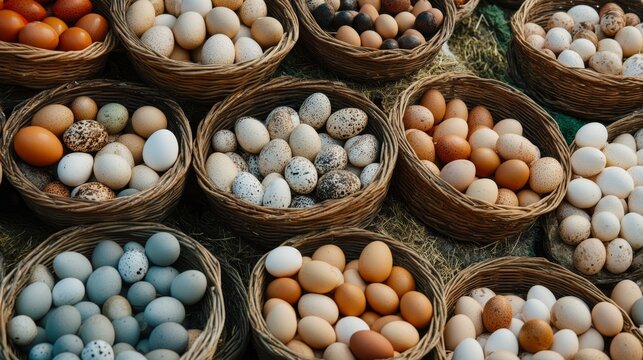 Eggs of different sizes and colors collected in baskets on a bustling poultry farm