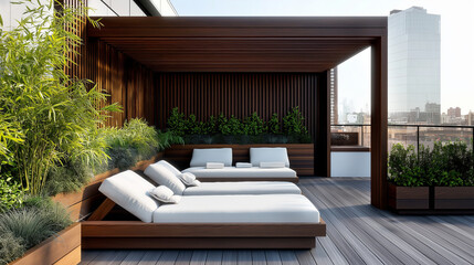 Modern rooftop terrace with wooden pergola and lush greenery in urban setting
