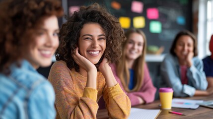 A vibrant atmosphere fills the classroom as a group of young women engage in a creative workshop, sharing ideas and laughter while exploring their artistic talents
