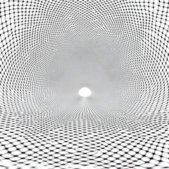 mesmerizing perspective of tunnel created by grid pattern, leading to bright light at end. black and white contrast enhances depth and dimension of scene