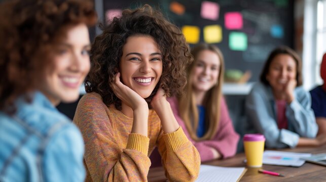 A vibrant atmosphere fills the classroom as a group of young women engage in a creative workshop, sharing ideas and laughter while exploring their artistic talents