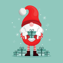 Flat Christmas illustration with cute red gnome and gifts on blue background. Gnome surrounded by snowflakes. Vector illustration.