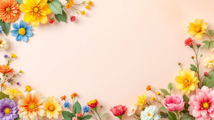 Obraz premium A delicate arrangement of various colorful flowers with green leaves creates a border on a soft pink background, leaving ample space for text or design.