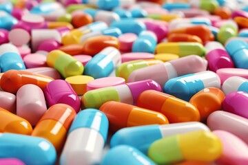 Pile of multicolored pills, tablets or capsules as medical background