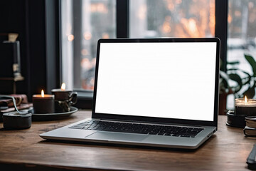 Laptop with a white screen mock up on table in the office of Christmas decor with bokeh lights, candles, overtime work on holidays, home office, Black Friday,. 