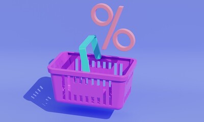 Purple shopping basket with a percentage sign above. 3d rendering 