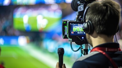 Sports commentator passionately narrating live sports event on television screen, microphone in hand, modern broadcasting studio with clean uncluttered background for copy space.