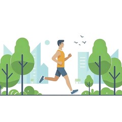 Flat-style illustration of a man jogging through a park. Ideal for fitness, outdoor, and healthy lifestyle-themed designs. Simple and energetic composition, perfect for promoting physical activity. 