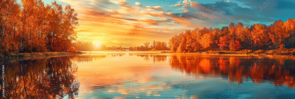 Poster the warm hues of an autumn sunset illuminate the sky and create a breathtaking reflection on the cal