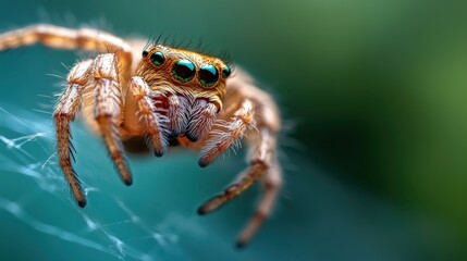 Fototapeta premium A vivid green backdrop highlights this jumping spider perched on its web, showcasing detailed textures and the beauty of arachnid life in fine detail.
