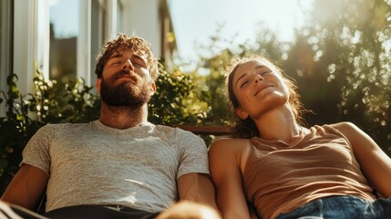 A man and woman bask in the sunlight, smiling peacefully as they sit together amid lush greenery, signifying relaxation and contentment.