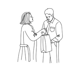 Linear vector black and white illustration with a girl who gives a gift to a man