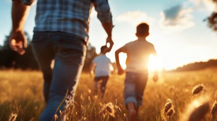 Children joyfully run across a sunlit field during the golden hour, expressing the essence of freedom and happiness in a vivid, carefree outdoor scene.