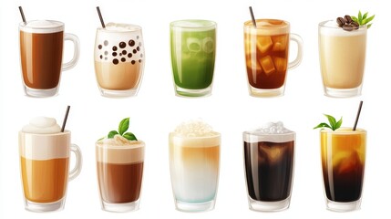 Various hot and cold beverages drinks. Different coffee drinks assorted isolated on white background.