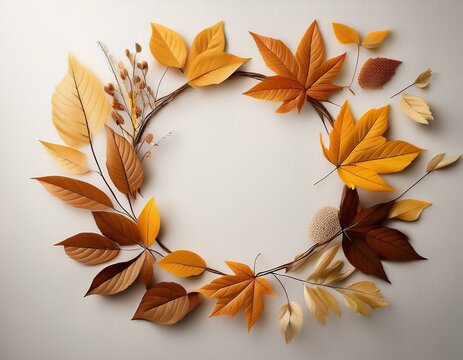 creative season layout of colorful autumn leaves and branches nature mockup background seasonal concept flat lay wreath