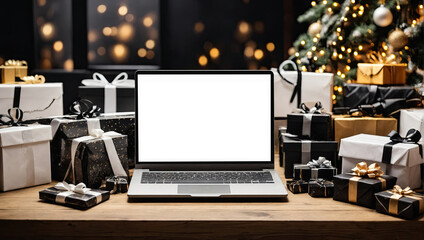 Fototapeta premium Laptop with a white screen mock up on table in the office of Christmas decor with gift boxes to employees, shopping, corporate gifts, Black Friday,.