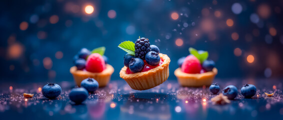 A vibrant display of fruit tartlets topped with fresh berries hovers delicately against a shimmering blue backdrop, evoking a festive and joyful atmosphere