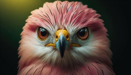 A striking portrait of a vibrant pink hawk, showcasing its intense expression and colorful plumage, perfect for wildlife, nature conservation, and educational projects.