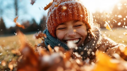A cheerful woman in a knitted hat enjoys the crisp autumn air, surrounded by falling leaves and the first snowfall, depicting joy and the beauty of nature.