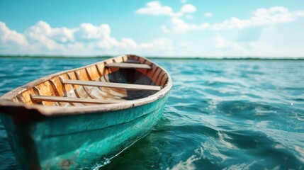 Naklejka premium A rustic wooden boat quietly drifts on a serene blue lake under a vast expanse of sky, creating a scene of calmness and timeless reflection.