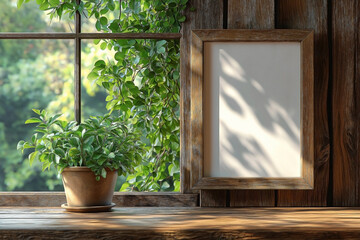 square wooden frame sits on a windowsill in a cozy cottage. Outside the window, lush greenery and trees create a peaceful forest scene