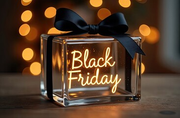 Neon glowing gold lettering Black Friday on transparent gift box with a festive background of golden bokeh. Shop window for Black Friday, sale, discounts, flyer,