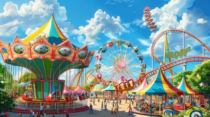 Fototapeta premium Families and friends gather to enjoy thrilling rides, including carousels and roller coasters, under a bright blue sky. Generative AI