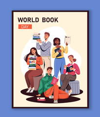 Obraz premium World book day poster. Men and women with textbooks. Education and learning, training. Love for reading and literature. Template and layout. Flat vector illustration