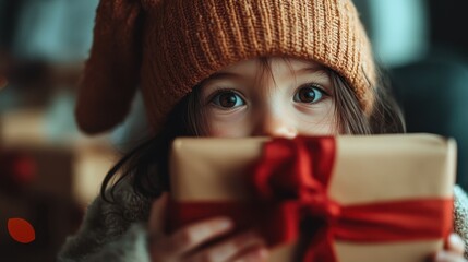 A child with a woolen hat gazes with curiosity while holding a gift wrapped in red ribbon, with festive lights creating a warm holiday atmosphere.