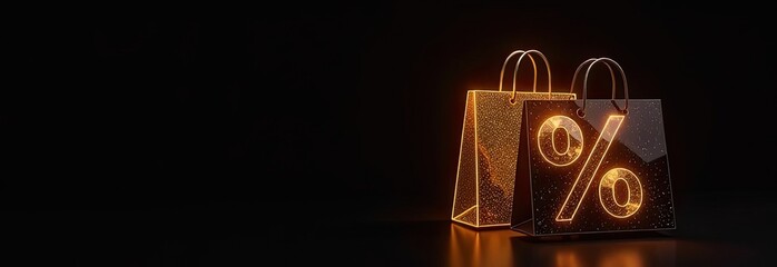 Neon glowing gold percentage sign on a black background. Shop window for Black Friday, sale, discounts, shopping bags. banner, flyer.