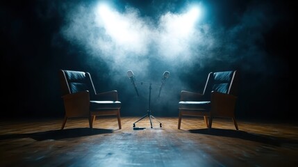 This image captures an interview stage setup with two empty chairs and a pair of microphones, dramatically lit by overhead lights, creating an expectant atmosphere.