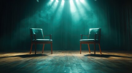 An evocative image presenting an empty stage with two wooden chairs, beautifully lit under intersecting spotlight beams, evoking a sense of drama and anticipation.