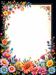 Obraz premium A white background with a golden border and a floral frame made of various colored flowers including pink, yellow, blue, orange, and red.