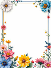 Obraz premium A white background with a floral border made up of yellow, pink, blue, and white flowers along with green leaves. The border is framed by blue and gold stripes.