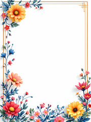 Obraz premium A white background with a golden frame accented by colorful flowers and leaves, arranged in a border design.
