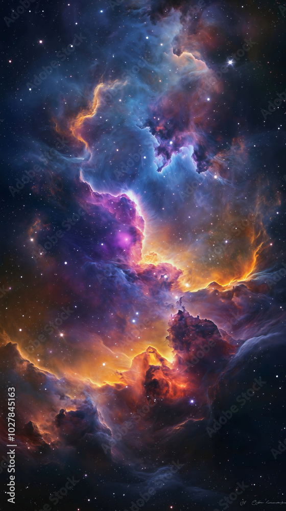 Poster a nebula displaying various colors while powerfully shining in the darkness, set against the cosmic 