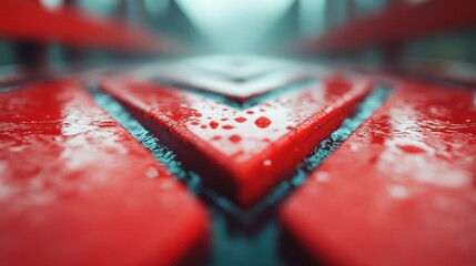 Raindrops glide along the surface of a bright red object, evoking freshness, renewal, and vividness through the contrast of water on the geometric background.