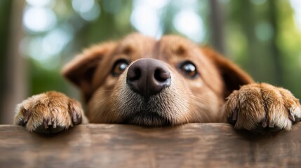 A cute dog, with large, expressive eyes, peeks over a wooden fence, showcasing curiosity and playfulness against a blurred natural green background.