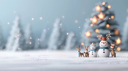 Fototapeta premium Snowman and reindeer in winter landscape