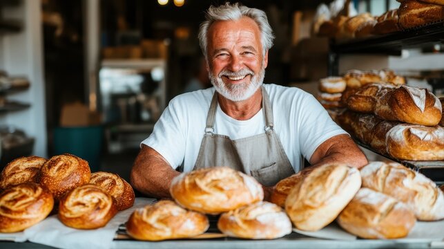 A bearded baker stands proudly behind an array of crusty bread loaves. The well-arranged bread showcases the baker's artisanal skills in a warm, rustic bakery.