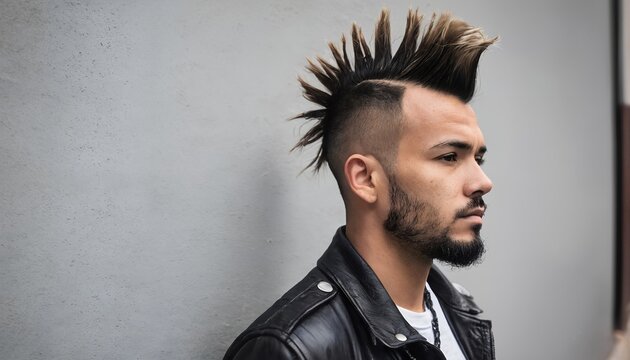 Profile of a man with a spiked mohawk hairstyle and beard, wearing a black leather jacket.
