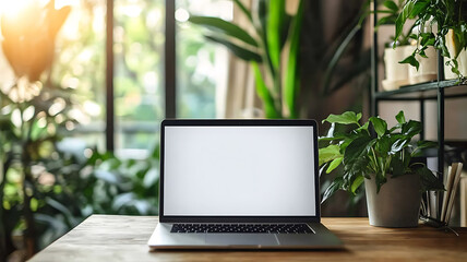 Fototapeta premium Modern laptop with a blank white screen on a wooden desk, soft focus background showing a bright, cozy home office with large plants and natural light. 