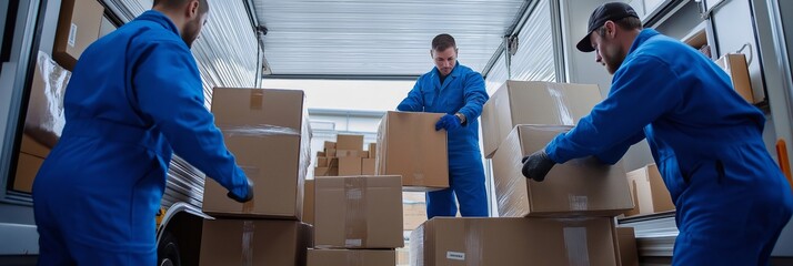 Three men in blue uniforms are lifting boxes into a truck. The boxes are stacked on top of each other, and the men are working together to move them