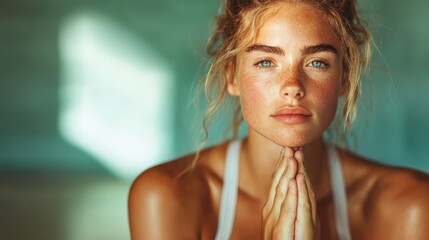 This image captures a young woman with an intense gaze, highlighting her freckles and blue eyes bathed in natural light, creating emphasis on raw beauty and strength.