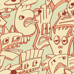 Seamless background with funny faces of anthropomorphic creatures. Humorous characters with different emotion