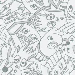 Seamless background with funny faces of anthropomorphic creatures. Humorous characters with different emotion
